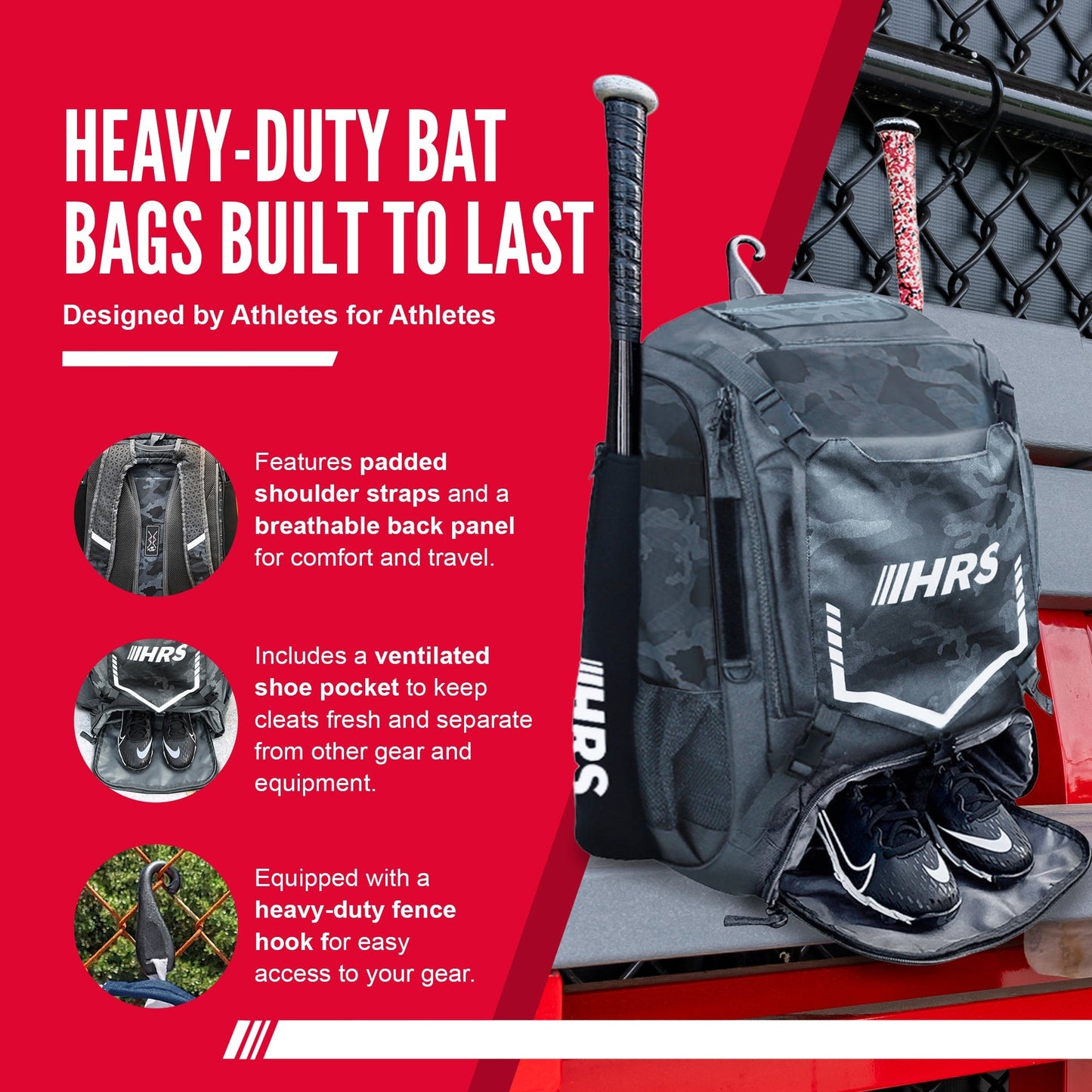 Hit Run Steal Bat Bag Backpack, Holds up to 4 Bats, Glove, and Helmet, Gray Camo