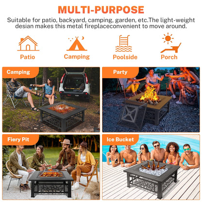 32" Fire Pits for Outside, SYNGAR Wood Burning Bonfire Fire Pit Table with Mesh Lid, Grate, BBQ Grill and Poker, Outdoor Metal Square Fire Pit for BBQ, Camping, Picnics, Backyard