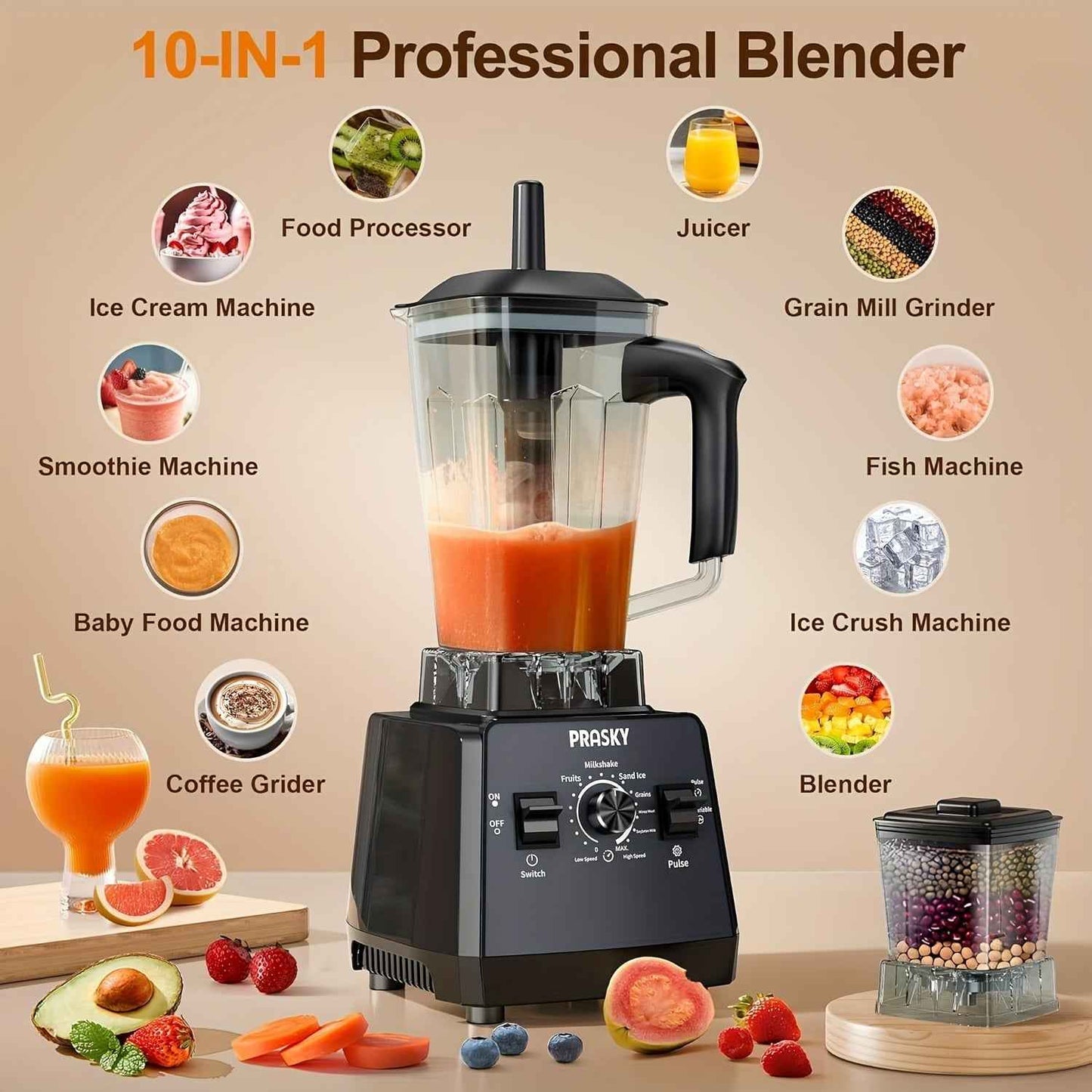 Food Processor Professional Blender, Smoothies Blender, Max.2400W Sorbet Blender And Grinder Combo 25000RPM Powerful Blenders Kitchen 68oz 2 Containers Countertop Blenders Ice, Grinding