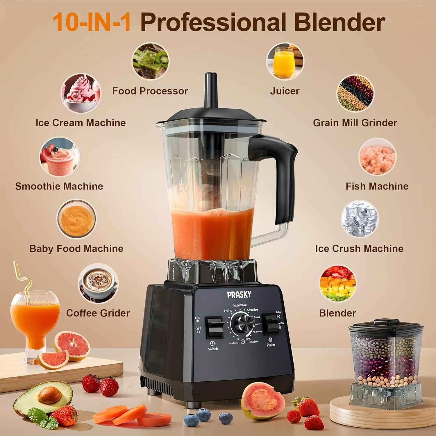 Food Processor Professional Blender, Smoothies Blender, Max.2400W Sorbet Blender And Grinder Combo 25000RPM Powerful Blenders Kitchen 68oz 2 Containers Countertop Blenders Ice, Grinding