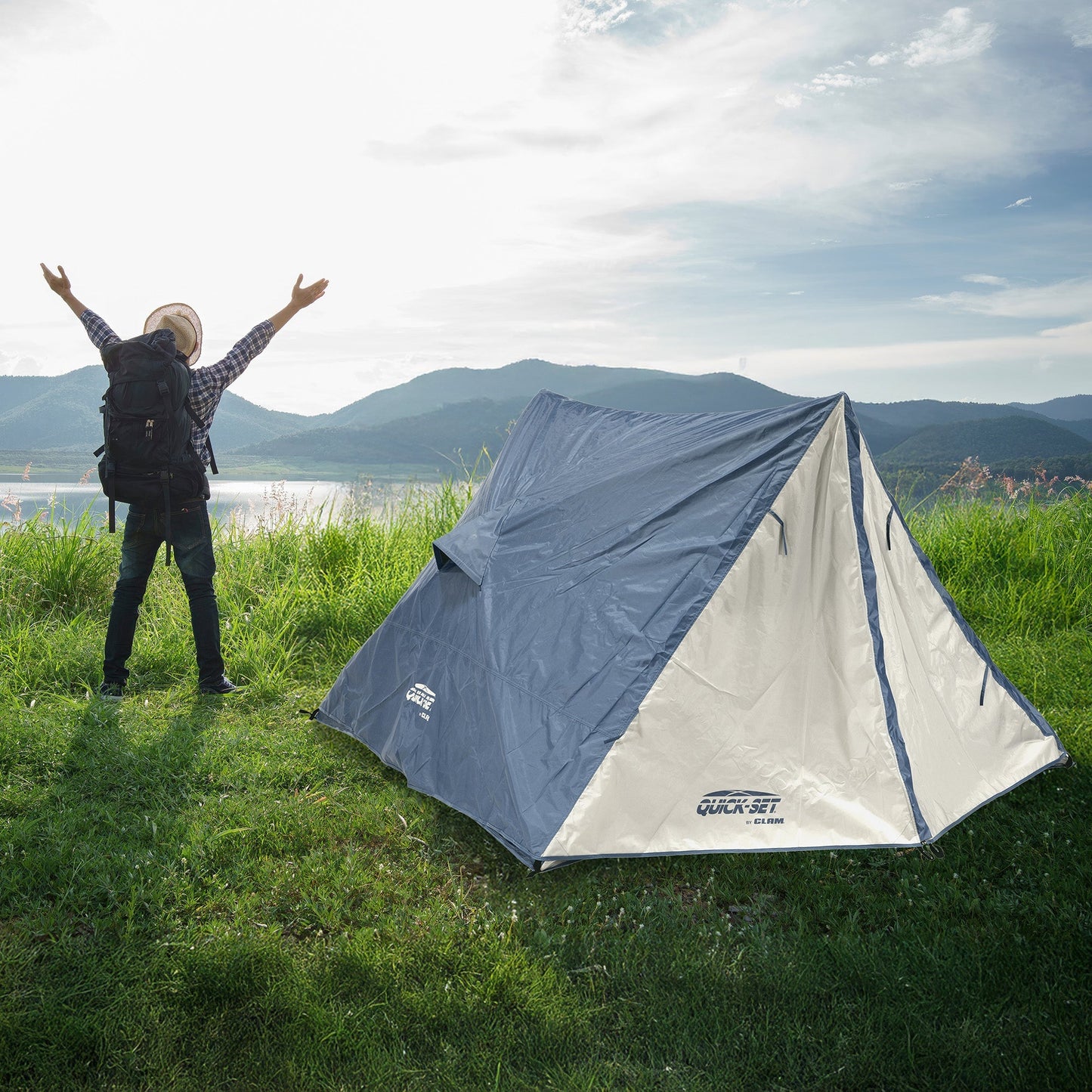 CLAM Quick-Set Apex 8 x 8 Ft Portable Outdoor A-Frame Hiking Camping Tent, Blue