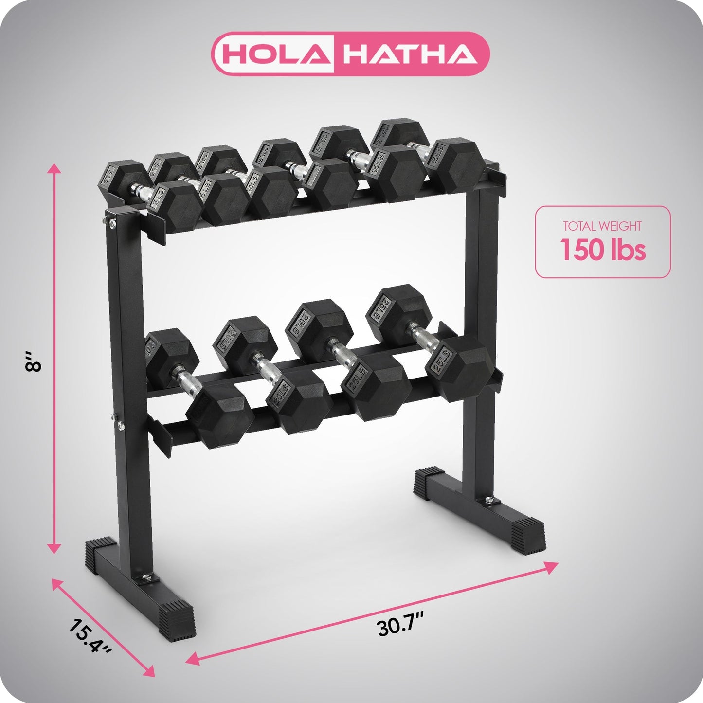 HolaHatha 150 Pound Rubber Encased Dumbbell Strength Training Weight Set w/ Rack