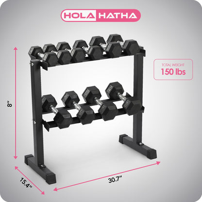 HolaHatha 150 Pound Rubber Encased Dumbbell Strength Training Weight Set w/ Rack