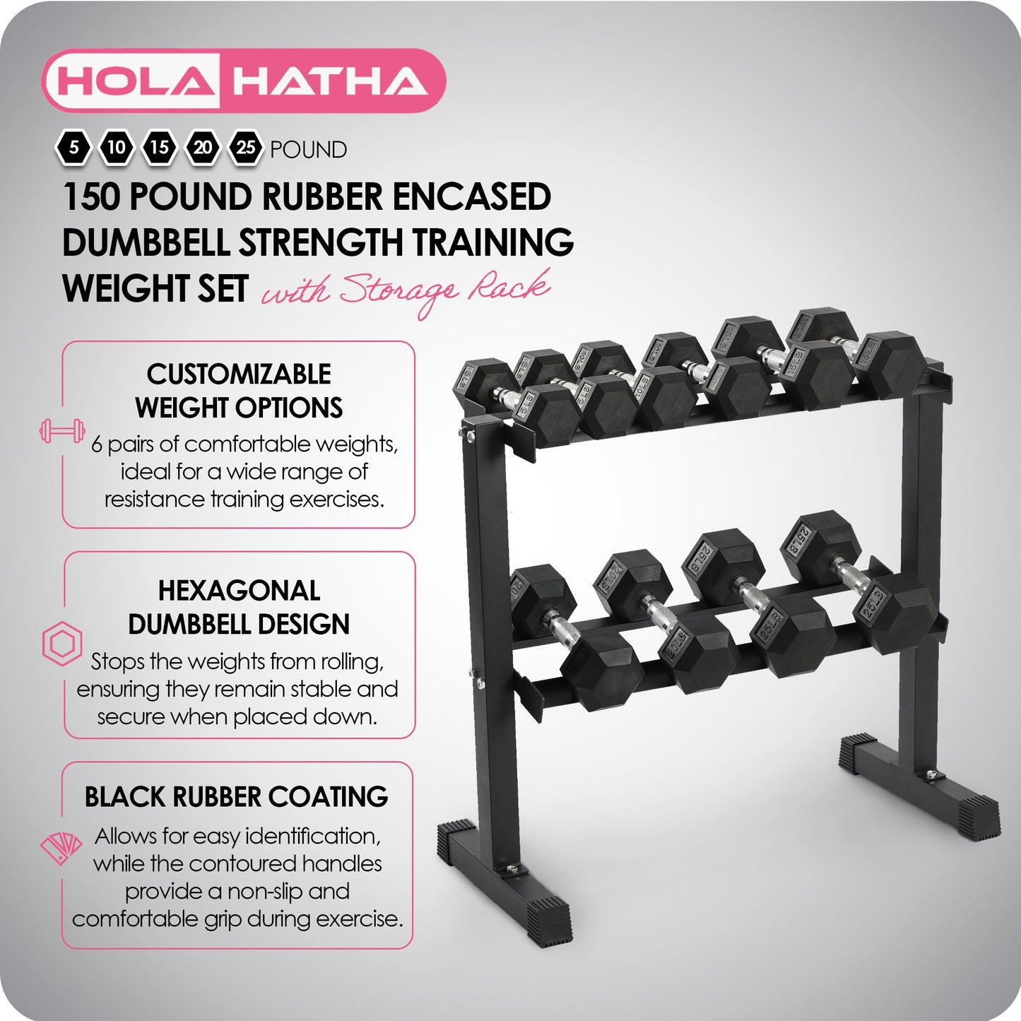 HolaHatha 150 Pound Rubber Encased Dumbbell Strength Training Weight Set w/ Rack