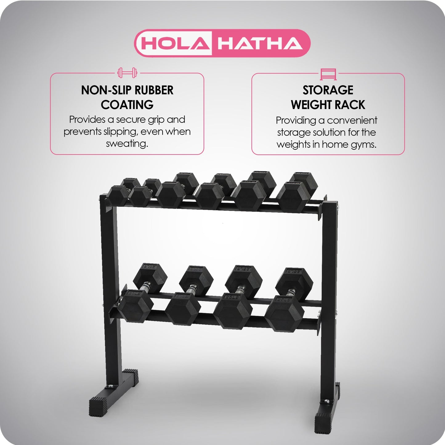 HolaHatha 150 Pound Rubber Encased Dumbbell Strength Training Weight Set w/ Rack