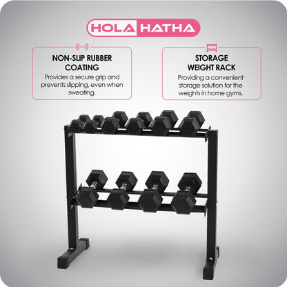 HolaHatha 150 Pound Rubber Encased Dumbbell Strength Training Weight Set w/ Rack
