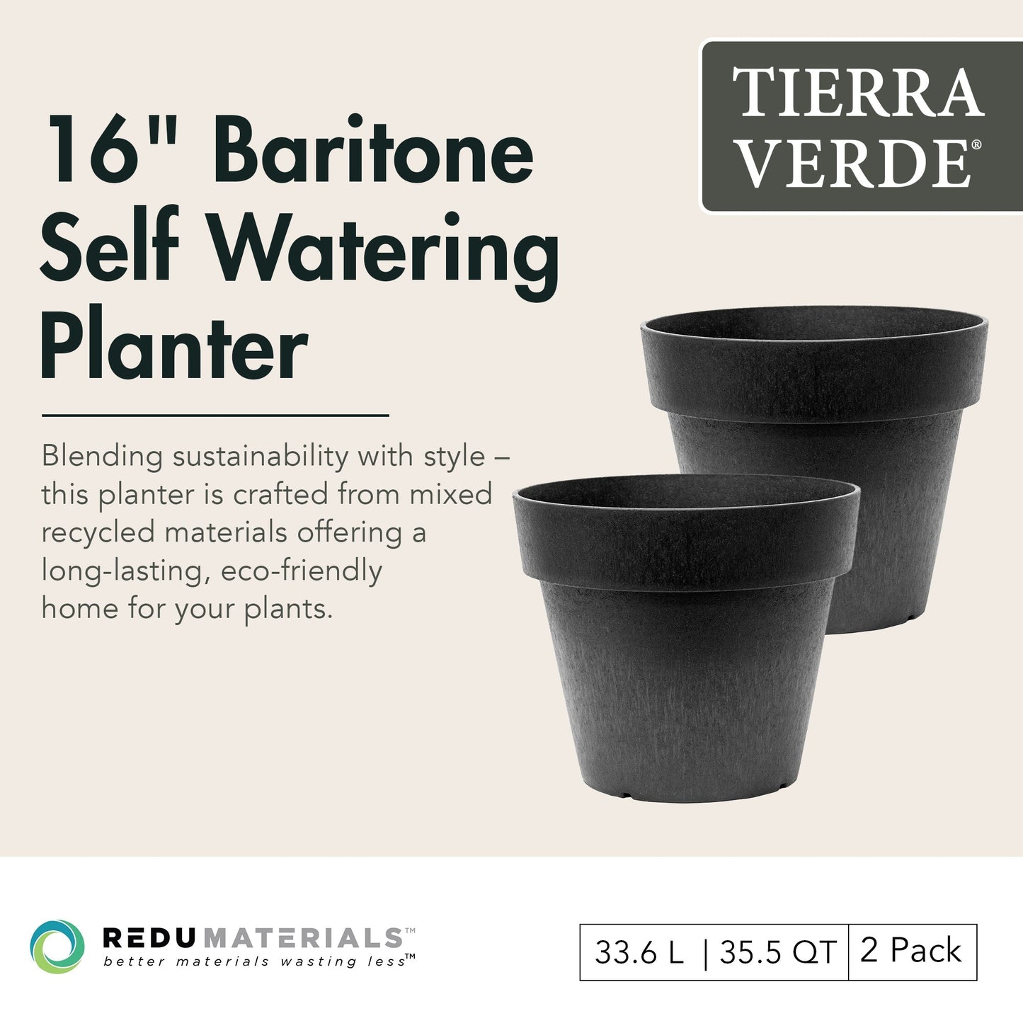 Tierra Verde 2 Pack Baritone Planter, Self Watering Pot, 18"W x 16"H, Black