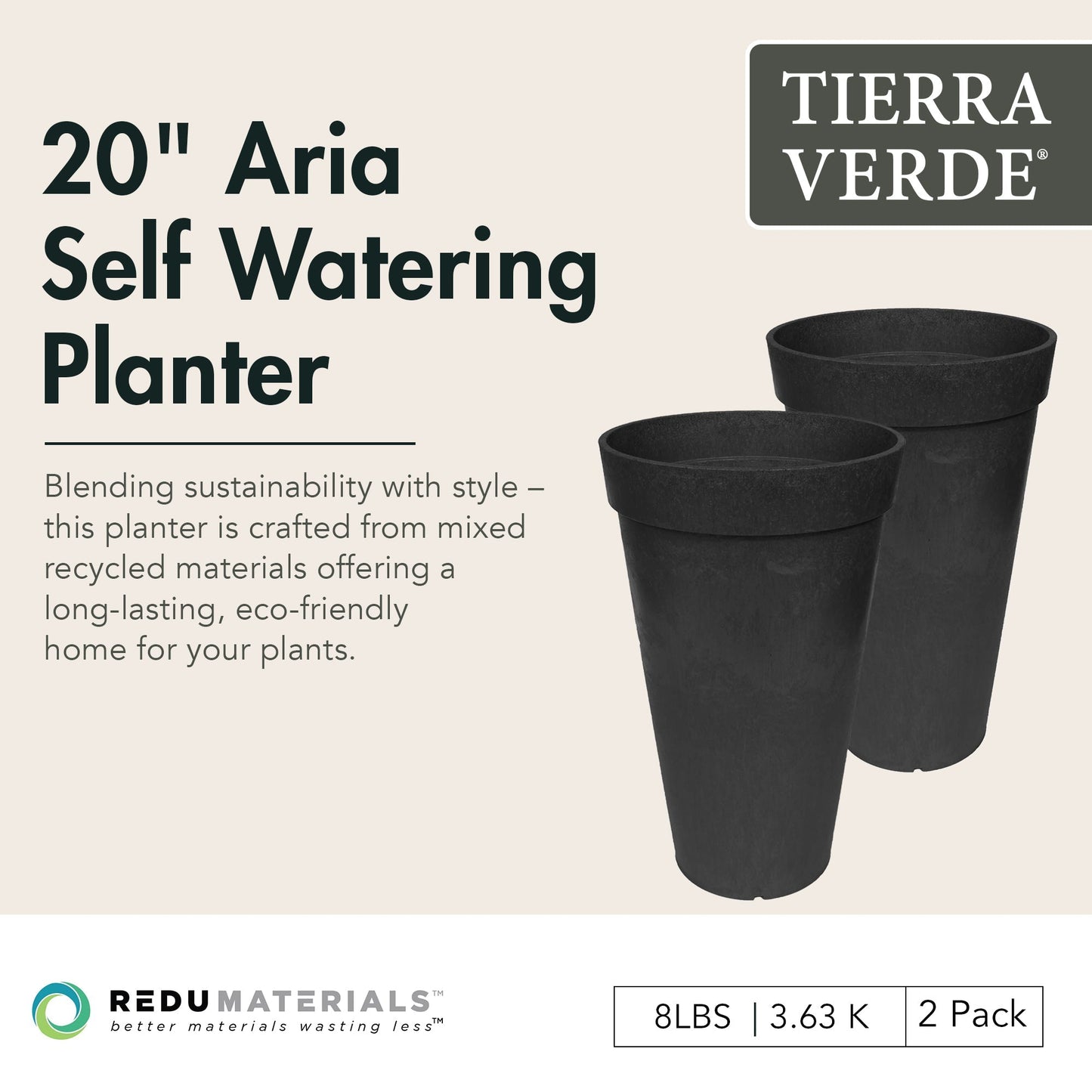 Tierra Verde 2 Pack Aria Indoor Outdoor Self Watering Planter, 12.5"W x 20"H