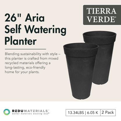 Tierra Verde 2 Pack Aria Round Planter, Self Watering Pot, 15"W x 26"H, Black