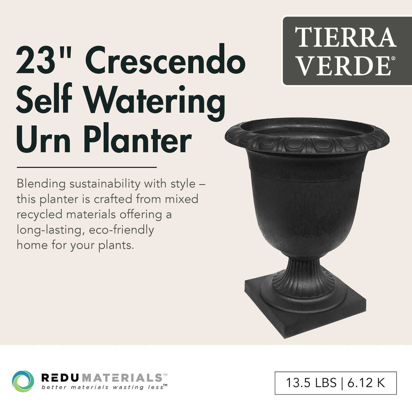 Tierra Verde Self-Watering Indoor Outdoor Urn Planter, Crescendo, 19"W x 23"H
