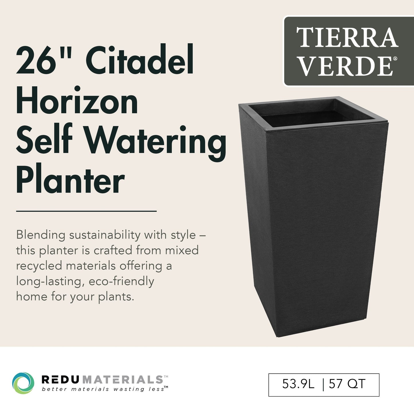Tierra Verde Citadel Horizon Self Watering Square Planter, 13.5"W x 26"H, Black