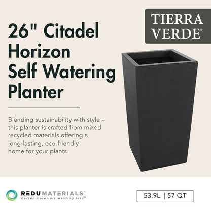 Tierra Verde Citadel Horizon Self Watering Square Planter, 13.5"W x 26"H, Black