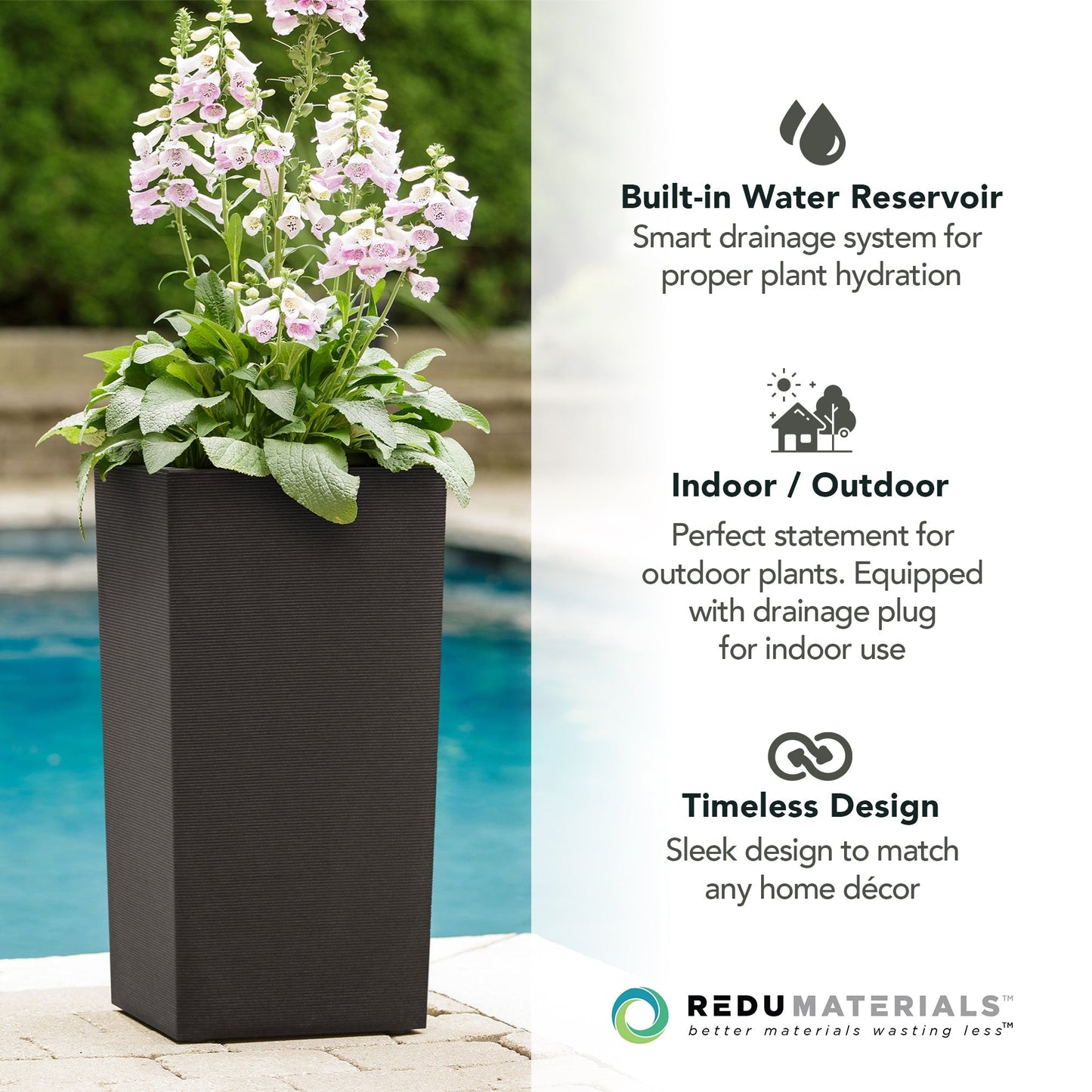 Tierra Verde Citadel Horizon Self Watering Square Planter, 13.5"W x 26"H, Black
