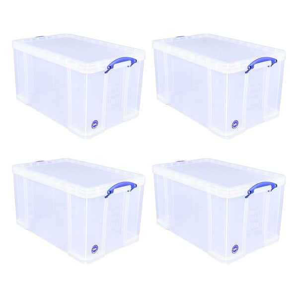 Really Useful Box 84L Storage Bin w/Snap Lid & Clip Lock Handle, 4 Pack, Clear