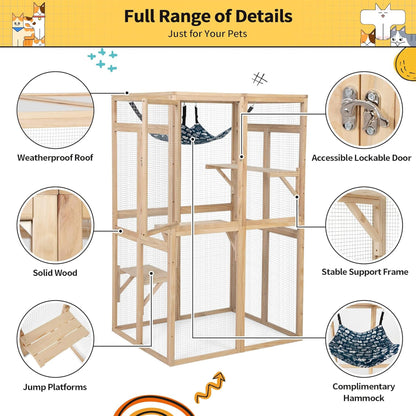 COZIWOW Outdoor Wooden Cat House Enclosure with Window, 3 Platforms, Burlywood