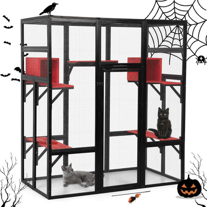 COZIWOW 70" Large Wooden Outdoor Cat House w/ Perches, UV-Resistant Roof, Gothic