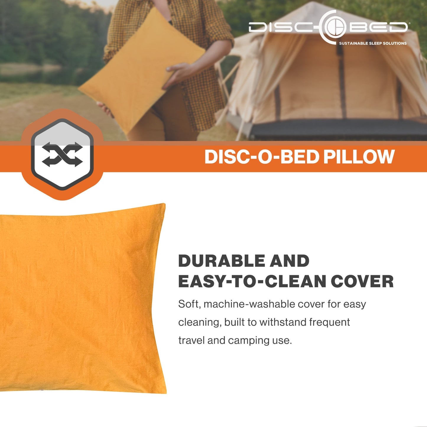 Disc-O-Bed Lightweight Travel Pillow, Camp Packable with Washable Cover, Orange