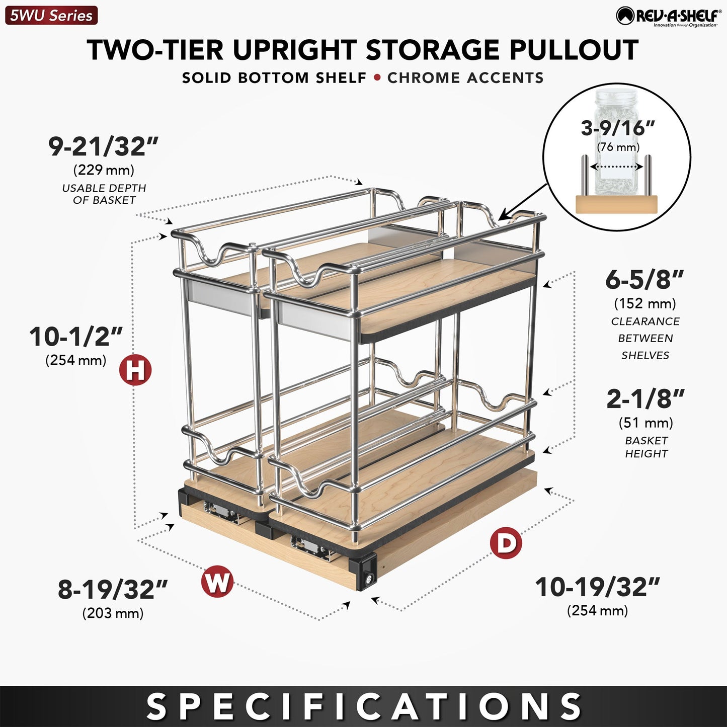 Rev-A-Shelf 9" Pullout Organizer for Cabinets, Single Tier Shelf, 5WU1-5W1-1