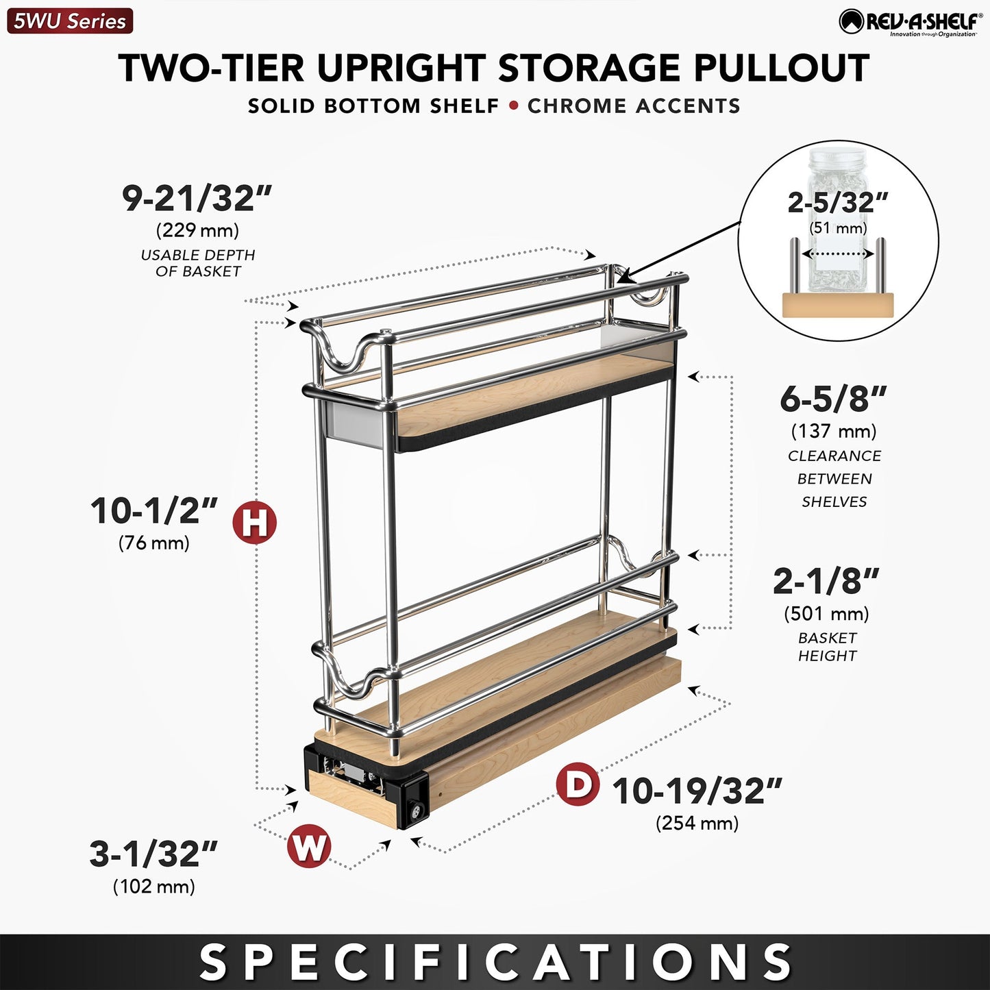 Rev-A-Shelf 3" Pullout Organizer for Cabinets, 2 Tier Upright Shelf, 5WU2-3N1-1