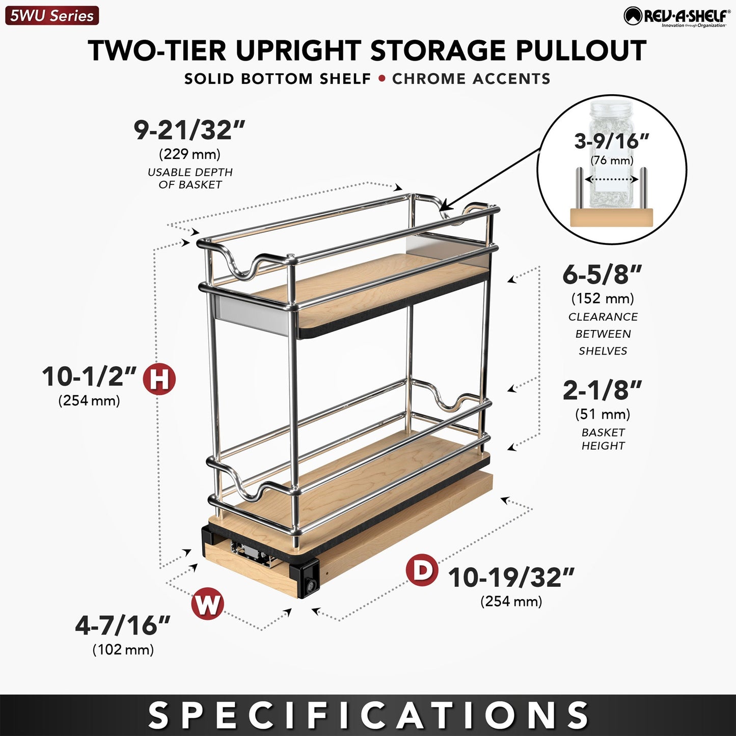 Rev-A-Shelf 5" Pullout Organizer for Cabinets, 2 Tier Upright Shelf, 5WU2-5W1-1