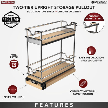 Rev-A-Shelf 5" Pullout Organizer for Cabinets, 2 Tier Upright Shelf, 5WU2-5W1-1