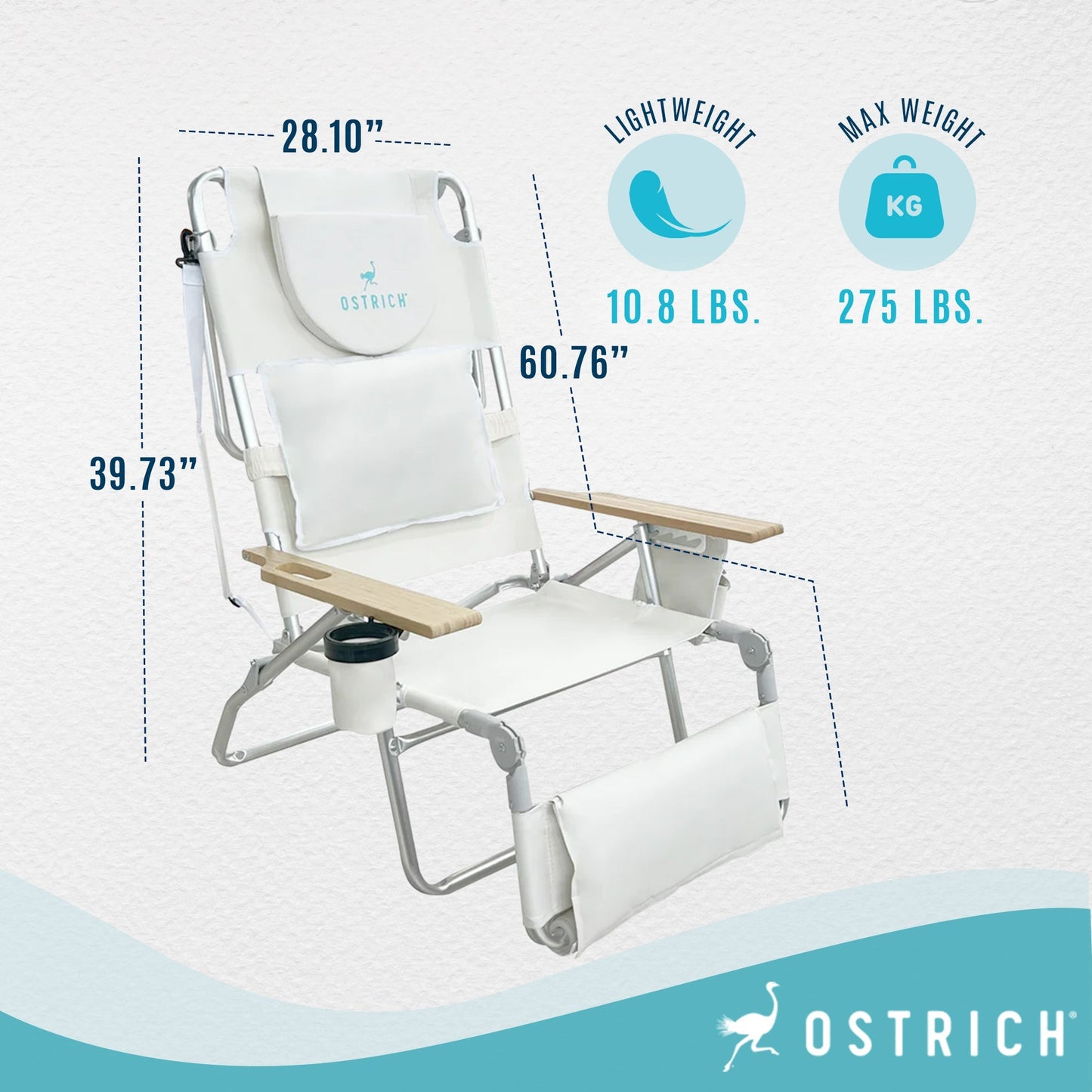 Ostrich Deluxe 3N1 Lightweight Outdoor Lawn Beach Lounge Chair w/Footrest, White