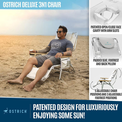 Ostrich Deluxe 3N1 Lightweight Outdoor Lawn Beach Lounge Chair w/Footrest, White