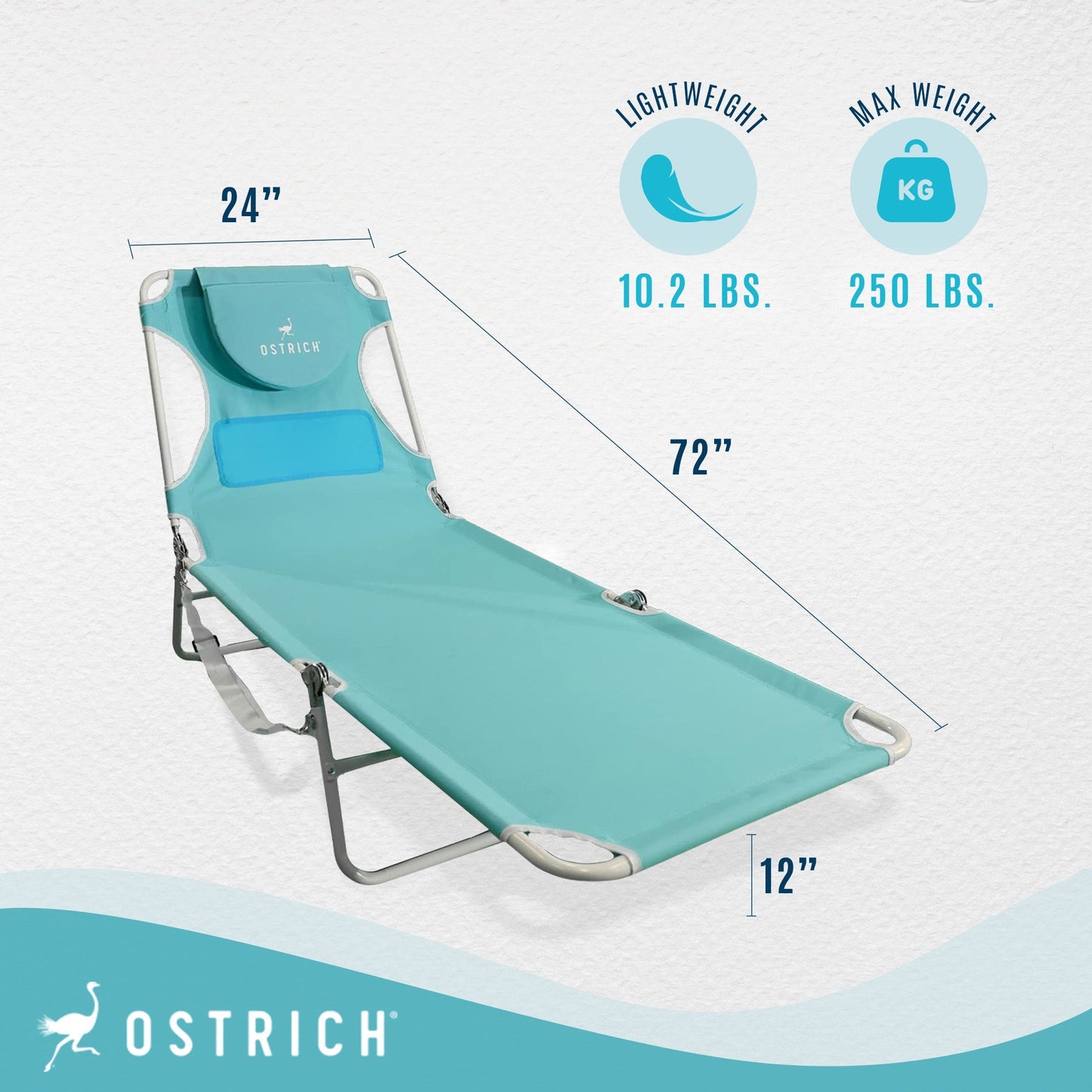 Ostrich Ladies Comfort Lounger, Foldable Beach Camping Pool Tanning Chair, Aqua