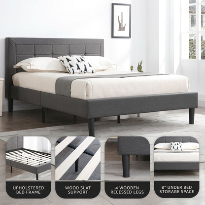 DeCoro Mornington Upholstered 2.0 Platform Bed w/ Metal Frame, Dark Grey, Full