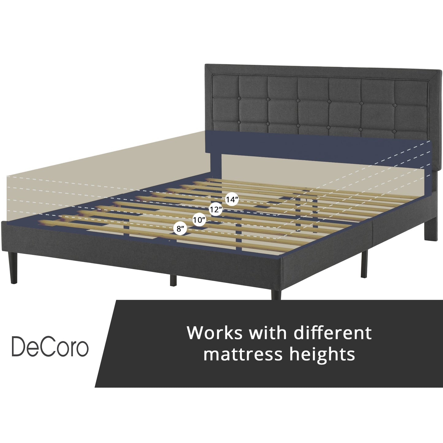 DeCoro Mornington Upholstered 2.0 Platform Bed w/ Metal Frame, Dark Grey, Queen