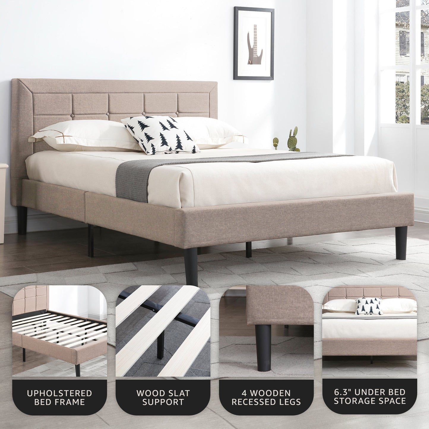 DeCoro Mornington Upholstered 2.0 Platform Bed w/ Metal Frame, Linen, Full