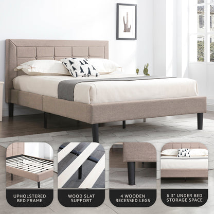 DeCoro Mornington Upholstered 2.0 Platform Bed w/ Metal Frame, Linen, Full