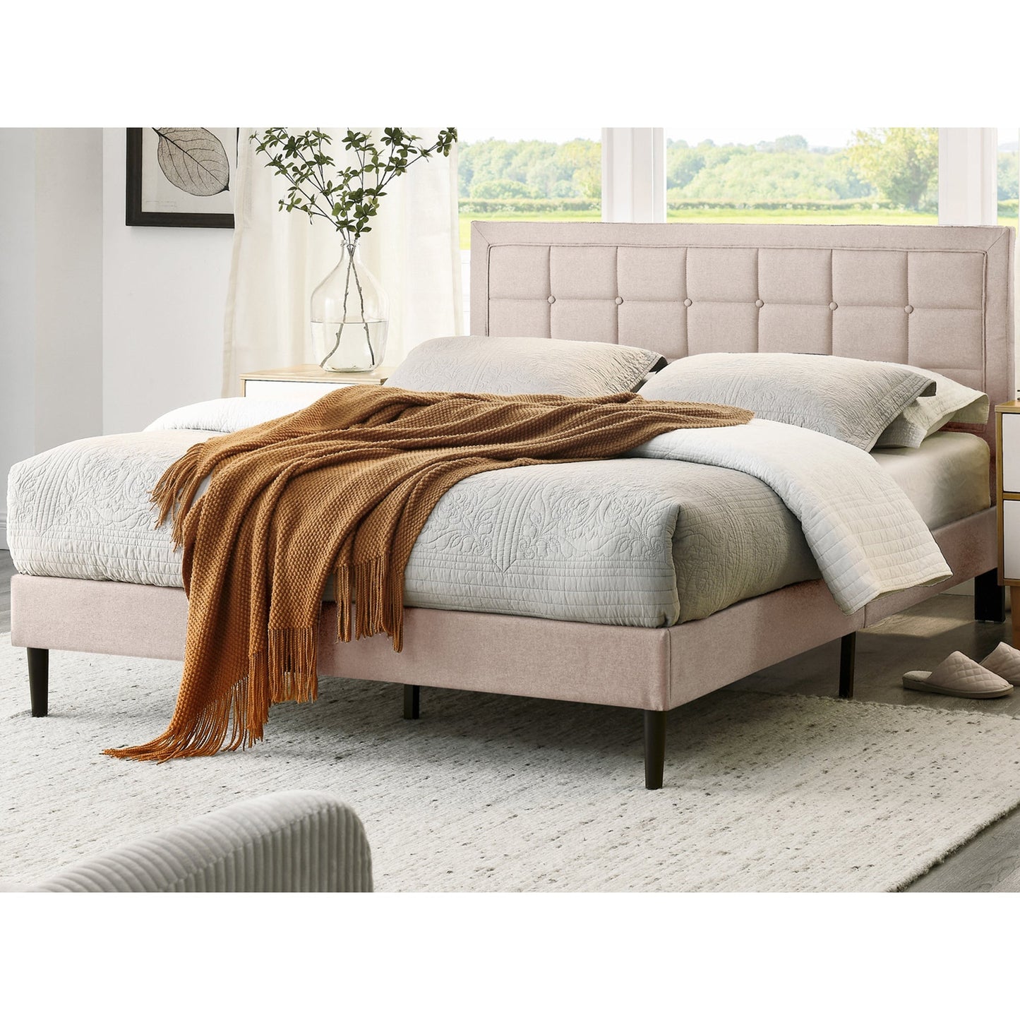 DeCoro Mornington Upholstered 2.0 Platform Bed w/ Metal Frame, Linen, King