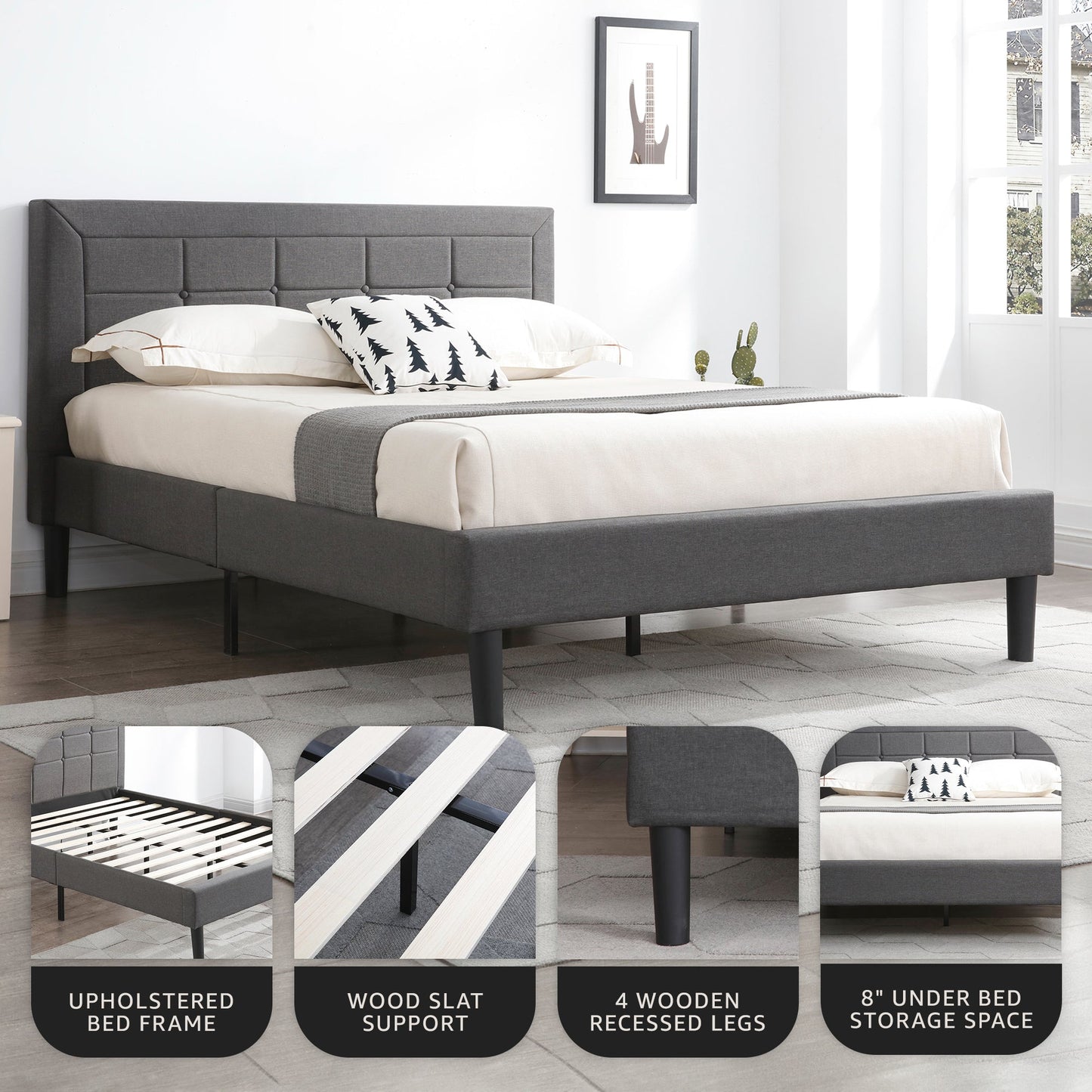 DeCoro Mornington Upholstered 2.0 Platform Bed w/ Metal Frame, Light Grey, Full