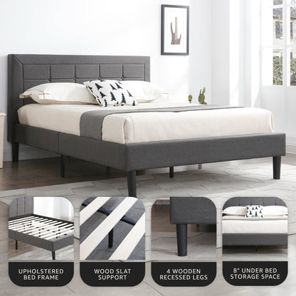 DeCoro Mornington Upholstered 2.0 Platform Bed w/ Metal Frame, Light Grey, Full