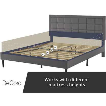 DeCoro Mornington Upholstered 2.0 Platform Bed w/ Metal Frame, Light Grey, Queen