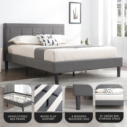 DeCoro Mornington Upholstered 2.0 Platform Bed w/ Metal Frame, Light Grey, Queen