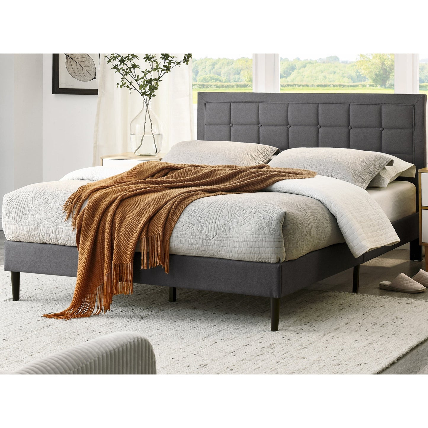 DeCoro Mornington Upholstered 2.0 Platform Bed w/ Metal Frame, Light Grey, King