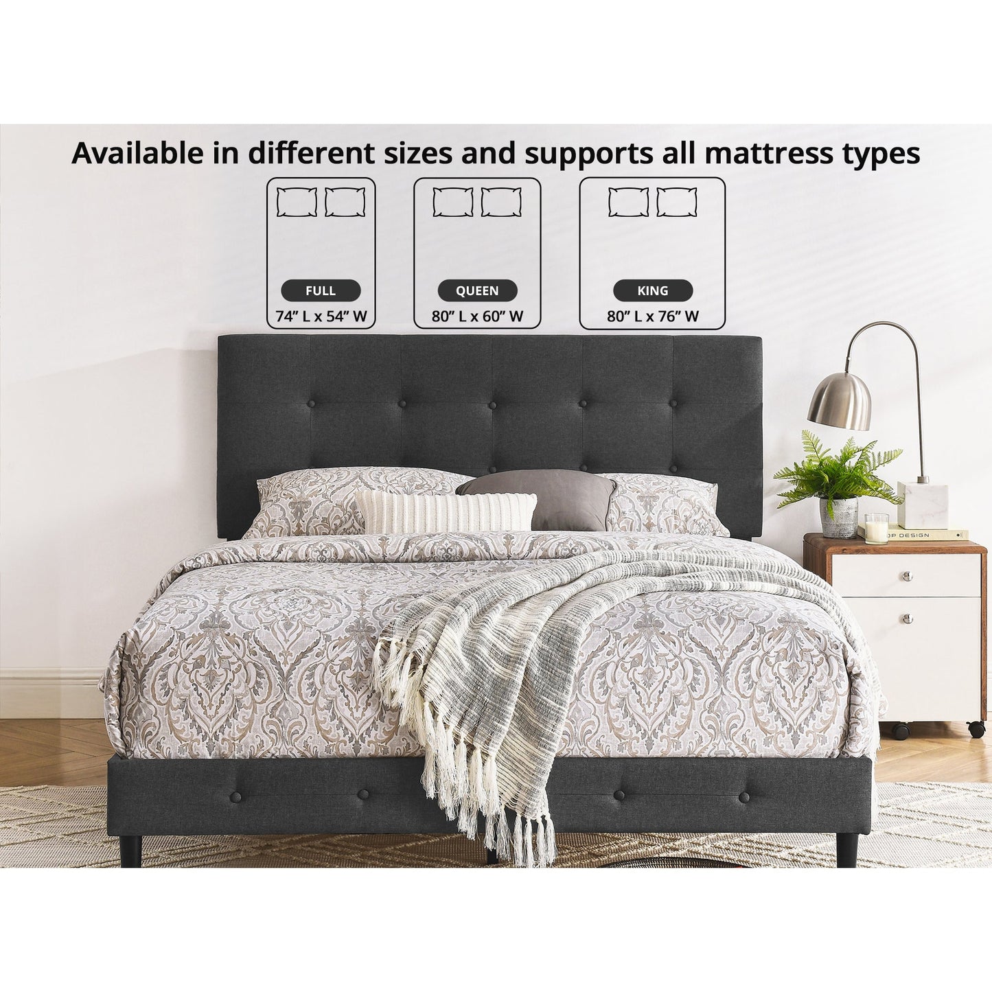 DeCoro Cambridge Upholstered Wooden Platform Bed Frame, Full Size, Dark Grey