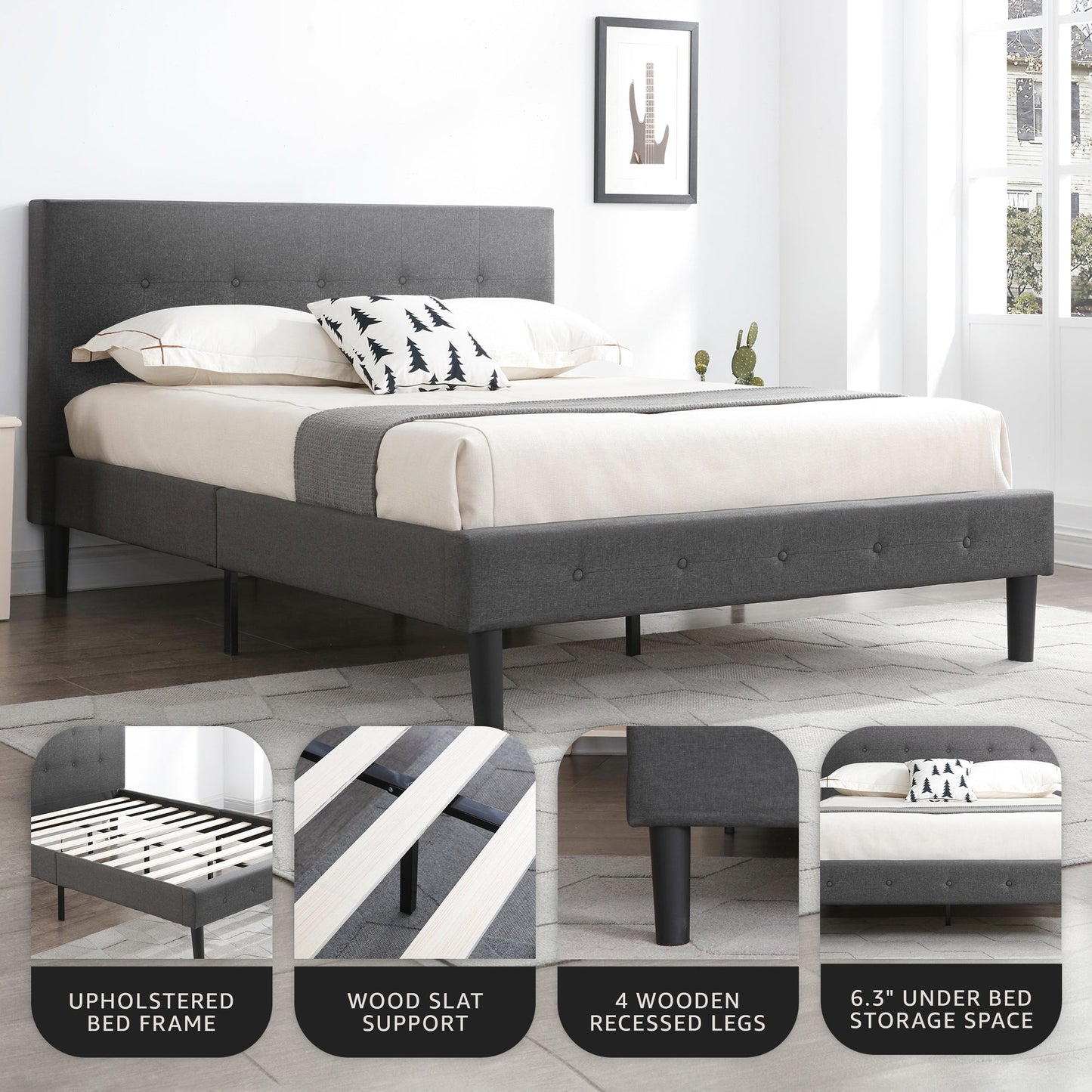 DeCoro Cambridge Upholstered Wooden Platform Bed Frame, Full Size, Dark Grey
