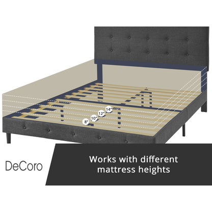 DeCoro Cambridge Upholstered Wooden Platform Bed Frame, Queen Size, Dark Grey