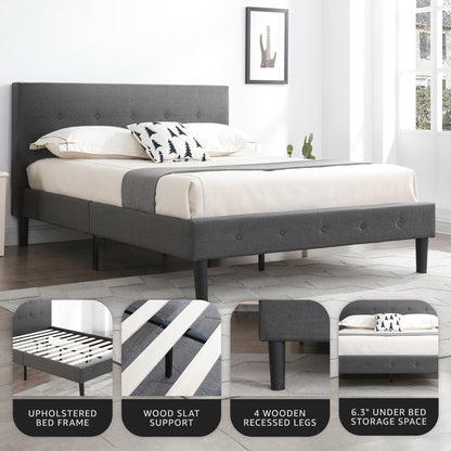 DeCoro Cambridge Upholstered Wooden Platform Bed Frame, Queen Size, Dark Grey