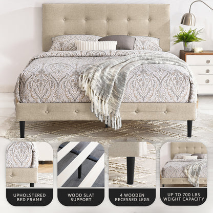 DeCoro Cambridge Upholstered Wooden Platform Bed Frame w/Headboard, Full, Linen