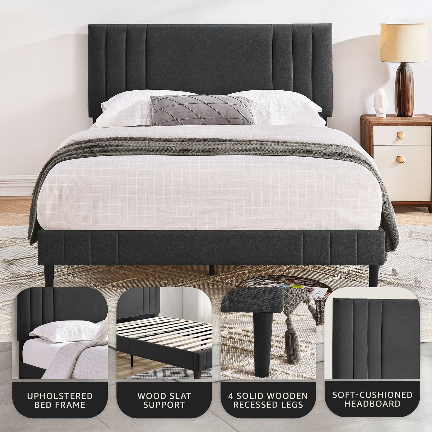 DeCoro Chicago Modern Tufted Upholstered Platform Full Size Bed Frame, Dark Grey