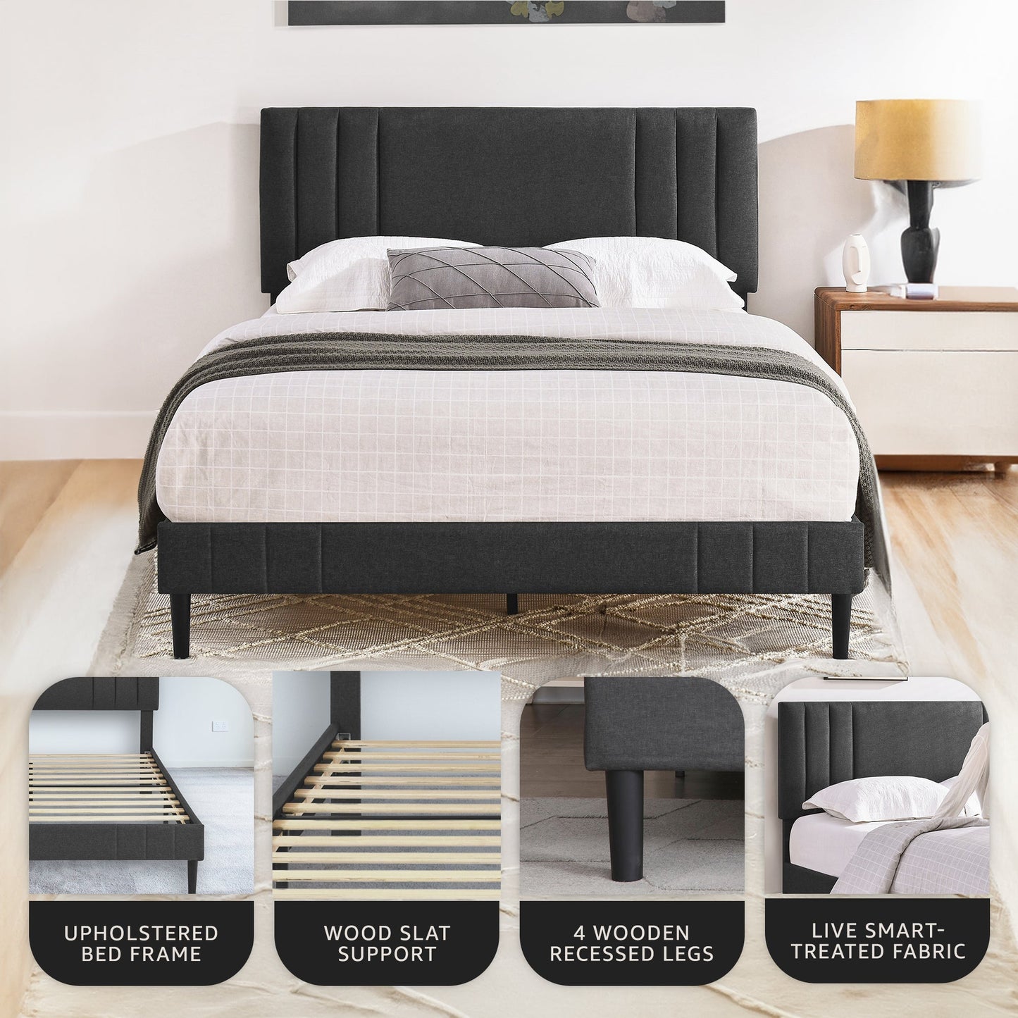 DeCoro Chicago Modern Tufted Upholstered Platform Queen Size Bed, Dark Grey