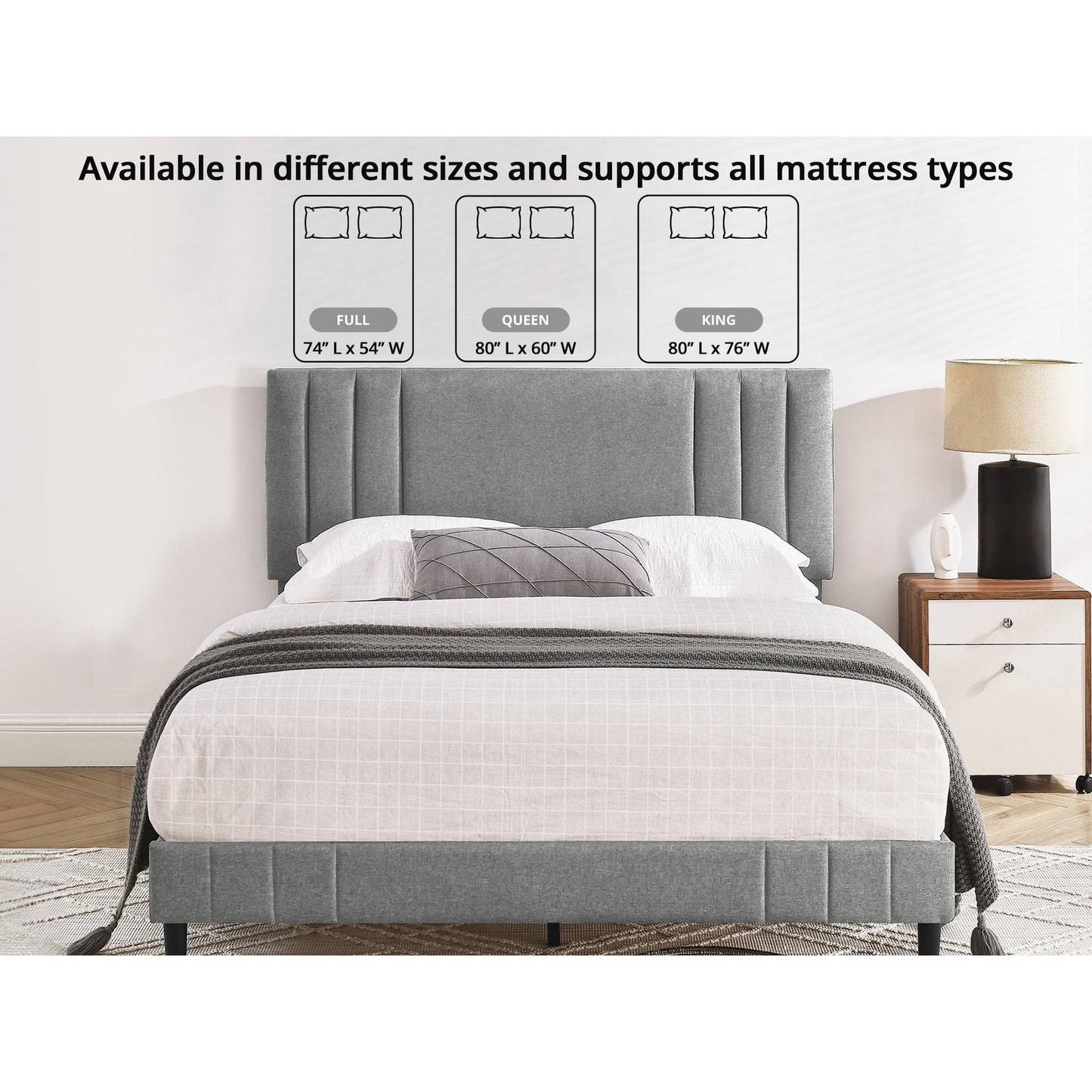 DeCoro Chicago Modern Tufted Upholstered Platform Queen Size Bed Frame, Grey