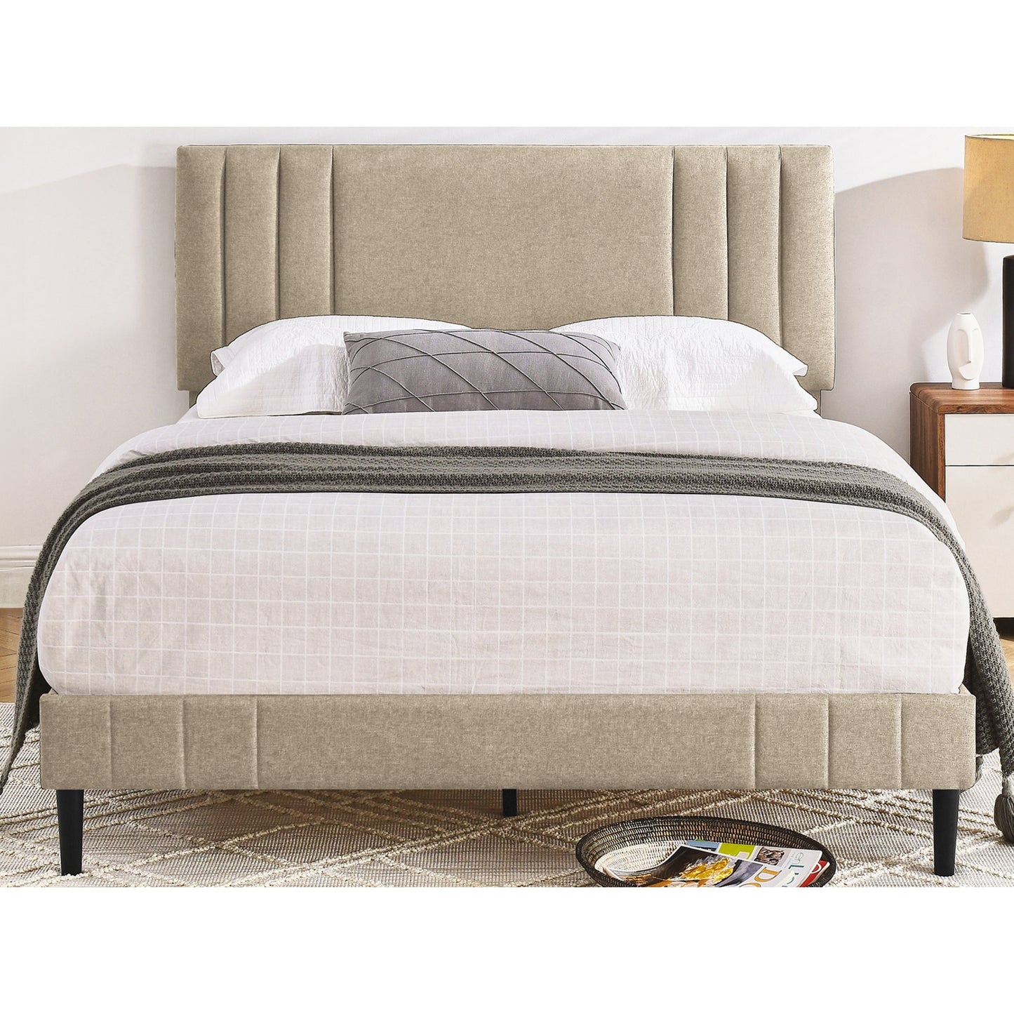 DeCoro Chicago Modern Tufted Upholstered Platform Full Size Bed Frame, Linen