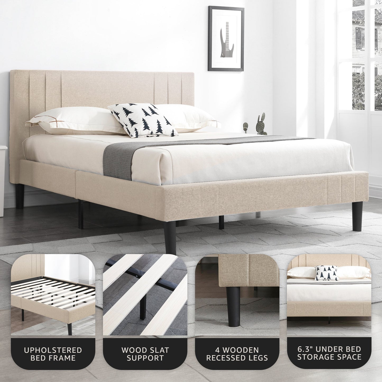 DeCoro Chicago Modern Tufted Upholstered Platform King Size Bed Frame, Linen