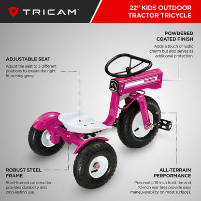 Tricam Outdoor Tractor Tricycle, 22" Steel Toddler Bike Kids Ride On Toy, Pink