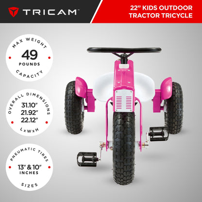 Tricam Outdoor Tractor Tricycle, 22" Steel Toddler Bike Kids Ride On Toy, Pink